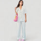 Short Sleeve Button-Down Satin Pajama Set with Allover Mini Dot Print and Wide Leg Pants