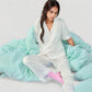 Short Sleeve Button-Down Satin Pajama Set with Allover Mini Dot Print and Wide Leg Pants