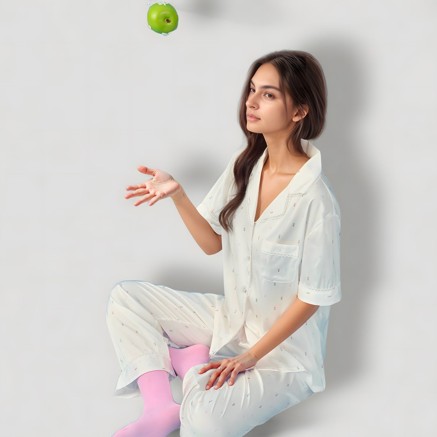 Short Sleeve Button-Down Satin Pajama Set with Allover Mini Dot Print and Wide Leg Pants