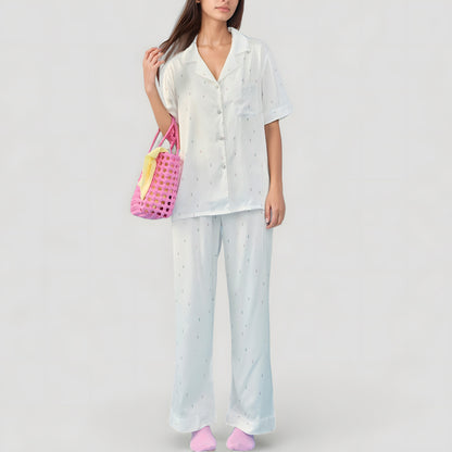Short Sleeve Button-Down Satin Pajama Set with Allover Mini Dot Print and Wide Leg Pants