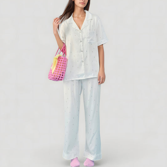 Short Sleeve Button-Down Satin Pajama Set with Allover Mini Dot Print and Wide Leg Pants