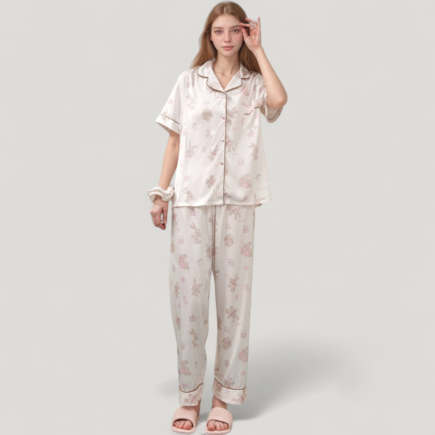 Cartoon Bunny Print Pajama Set with Short Sleeve Button-Up Top and Wide Leg Lounge Pants