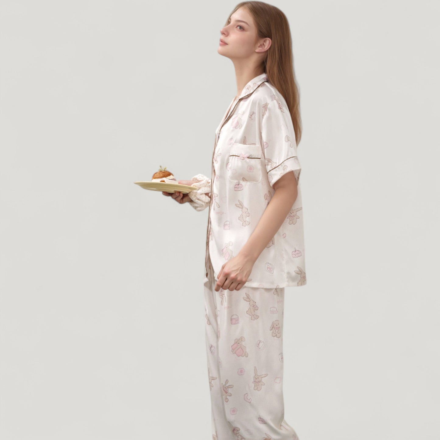 Cartoon Bunny Print Pajama Set with Short Sleeve Button-Up Top and Wide Leg Lounge Pants