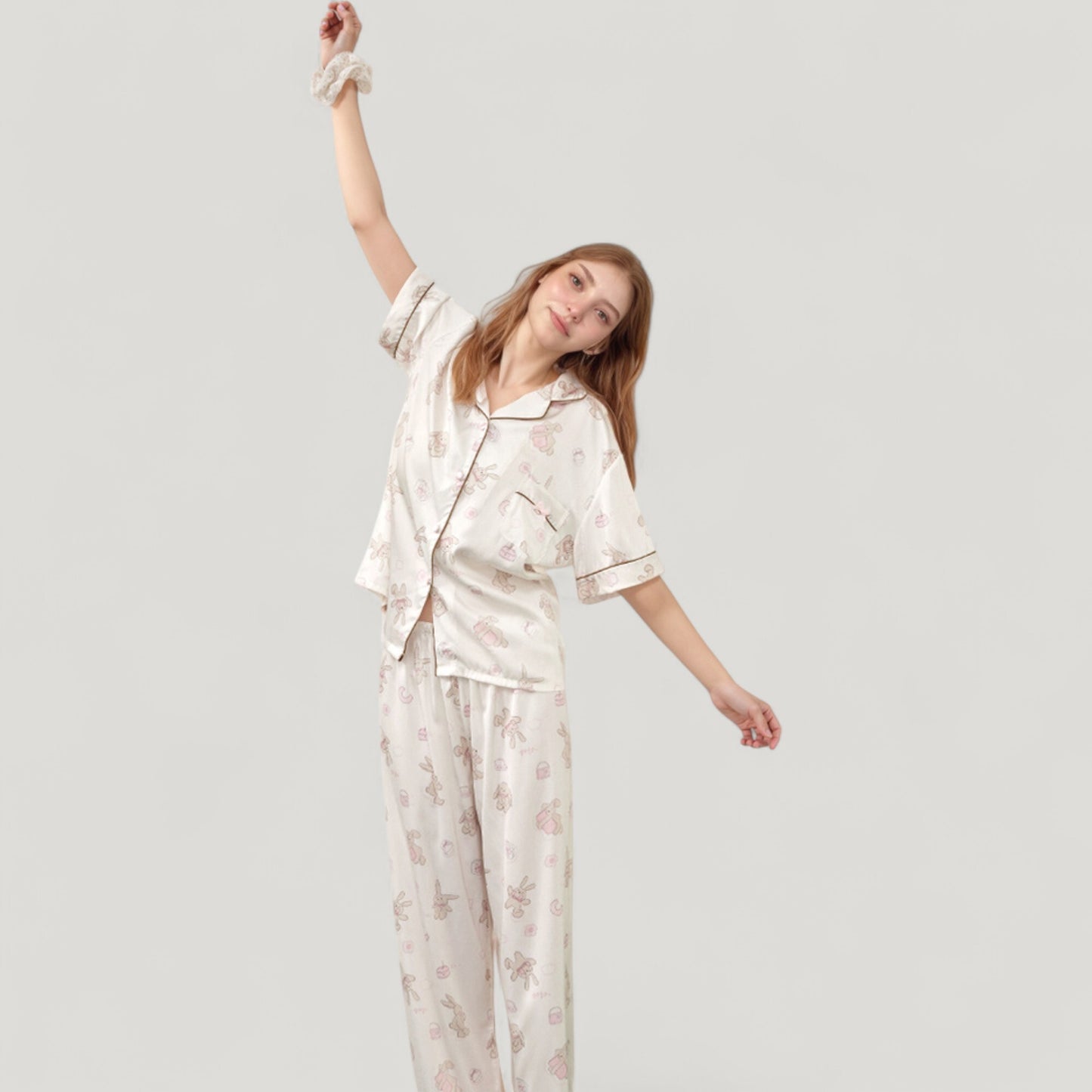Cartoon Bunny Print Pajama Set with Short Sleeve Button-Up Top and Wide Leg Lounge Pants