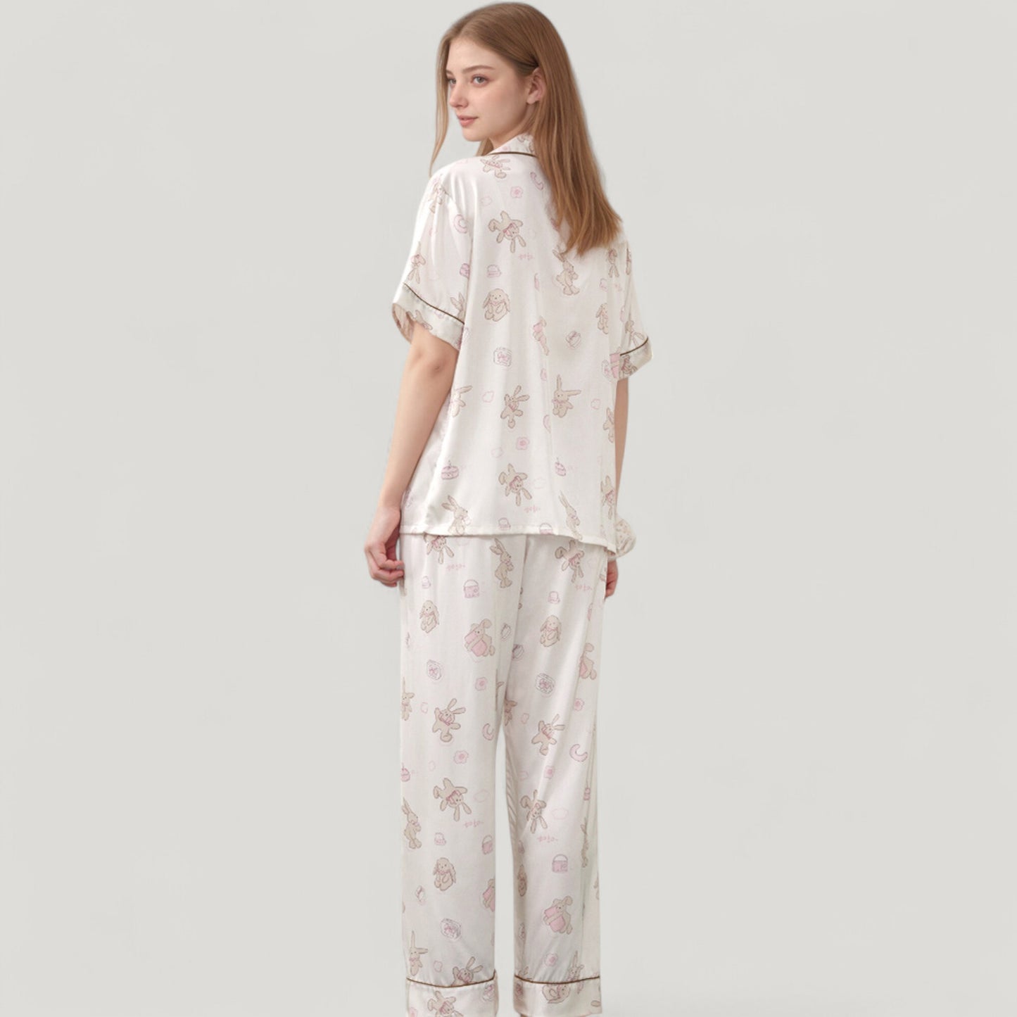 Cartoon Bunny Print Pajama Set with Short Sleeve Button-Up Top and Wide Leg Lounge Pants