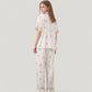 Cartoon Bunny Print Pajama Set with Short Sleeve Button-Up Top and Wide Leg Lounge Pants