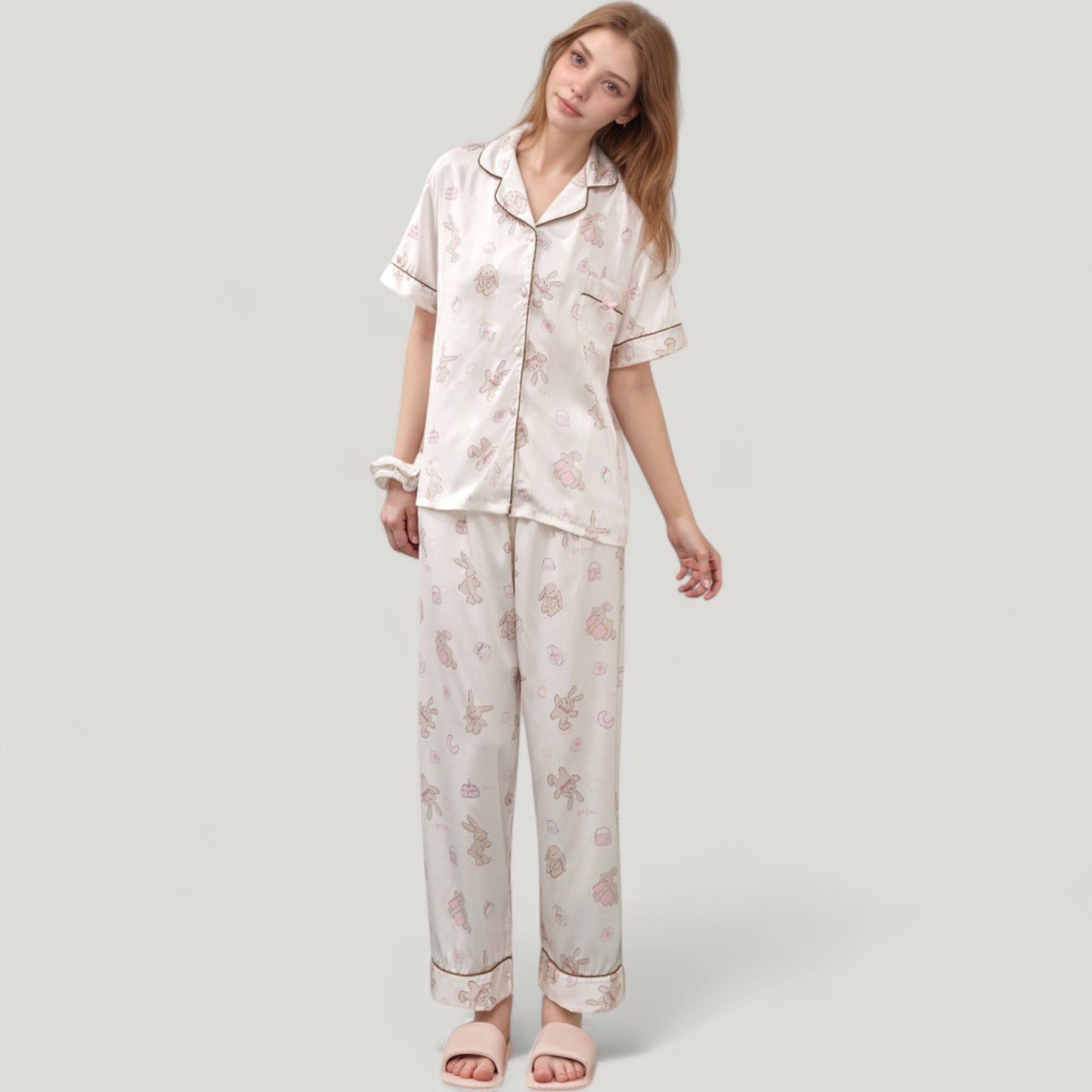 Cartoon Bunny Print Pajama Set with Short Sleeve Button-Up Top and Wide Leg Lounge Pants