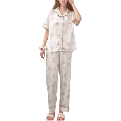 Cartoon Bunny Print Pajama Set with Short Sleeve Button-Up Top and Wide Leg Lounge Pants