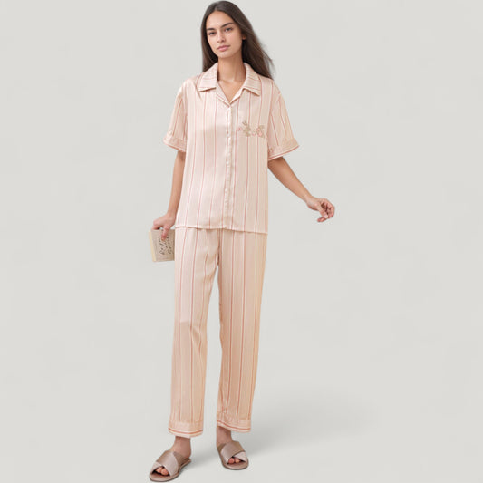 Striped Pajama Set with Embroidered Bunny Detail Short Sleeve Button-Up Top and Full-Length Pants