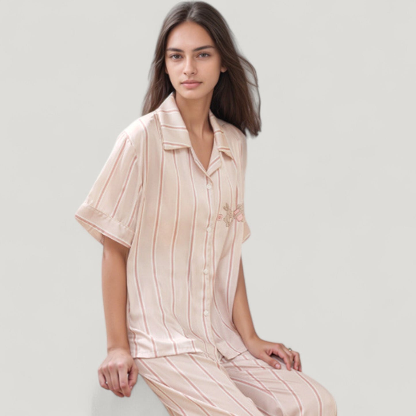Striped Pajama Set with Embroidered Bunny Detail Short Sleeve Button-Up Top and Full-Length Pants