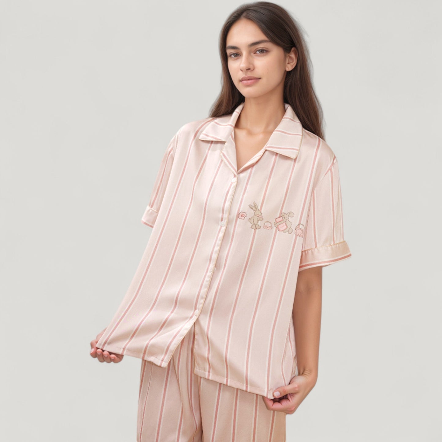 Striped Pajama Set with Embroidered Bunny Detail Short Sleeve Button-Up Top and Full-Length Pants