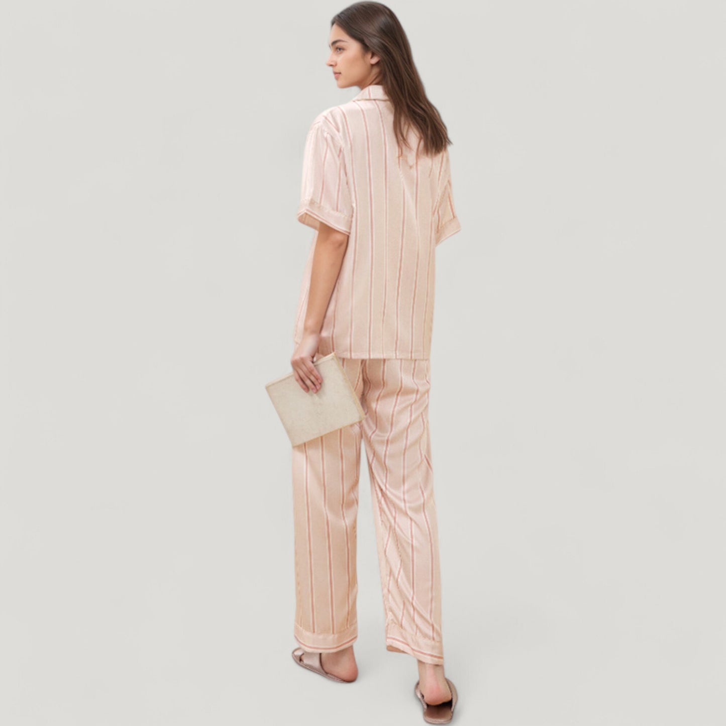 Striped Pajama Set with Embroidered Bunny Detail Short Sleeve Button-Up Top and Full-Length Pants