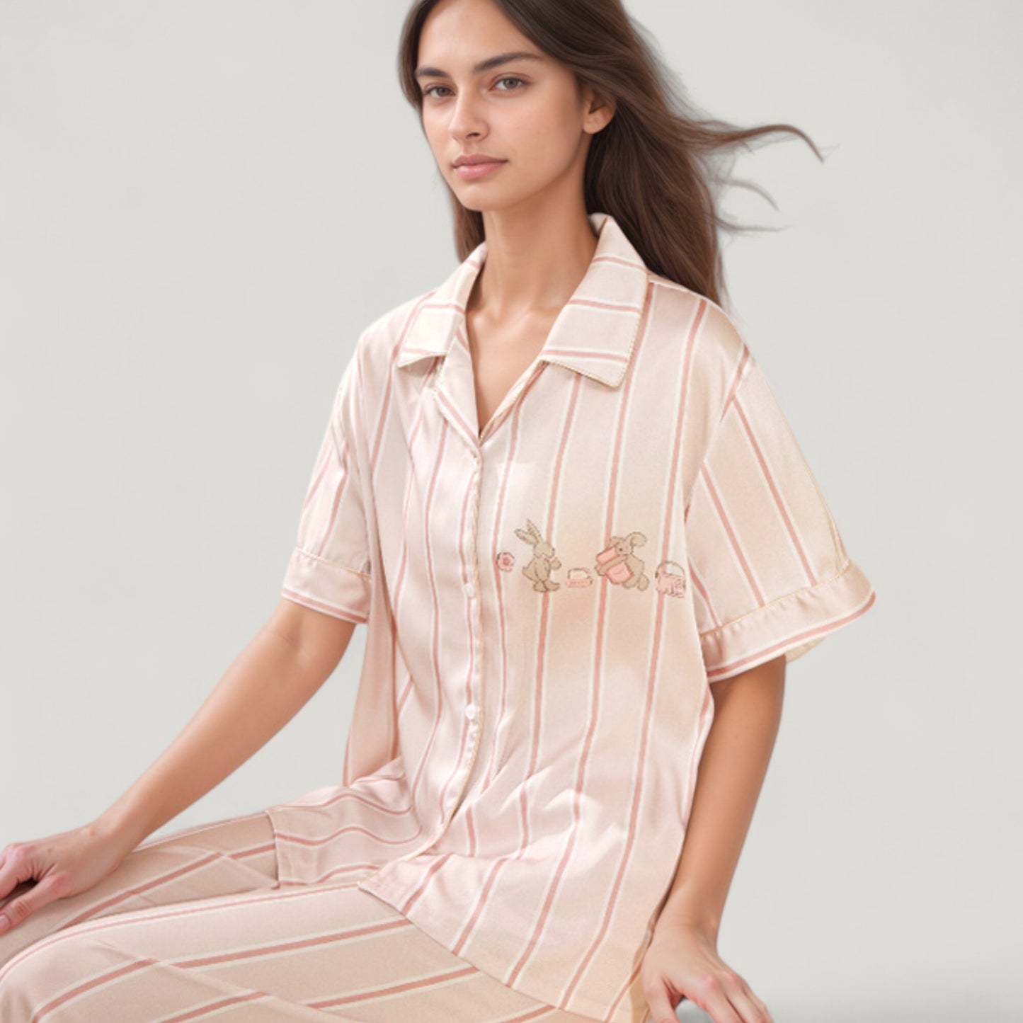 Striped Pajama Set with Embroidered Bunny Detail Short Sleeve Button-Up Top and Full-Length Pants