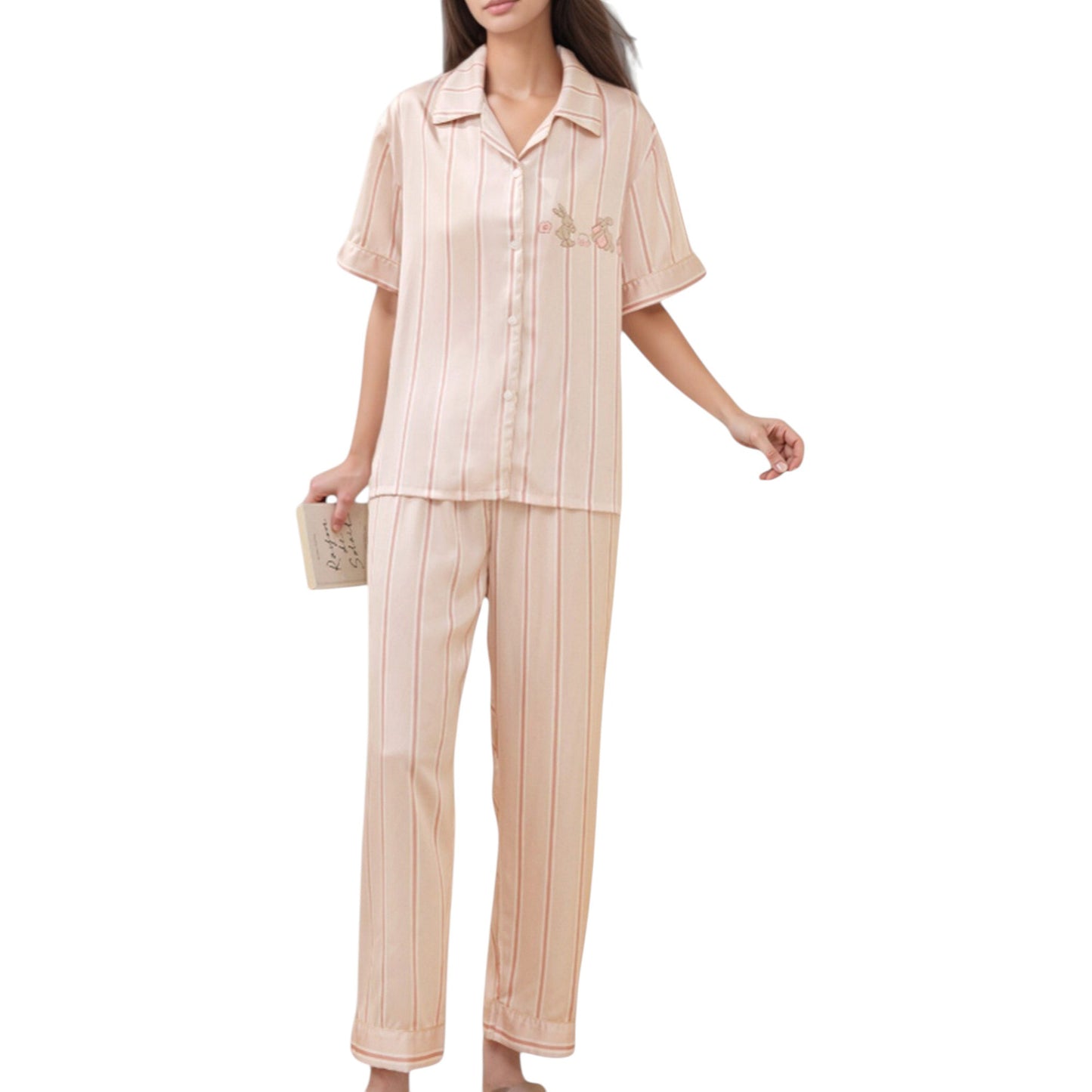 Striped Pajama Set with Embroidered Bunny Detail Short Sleeve Button-Up Top and Full-Length Pants