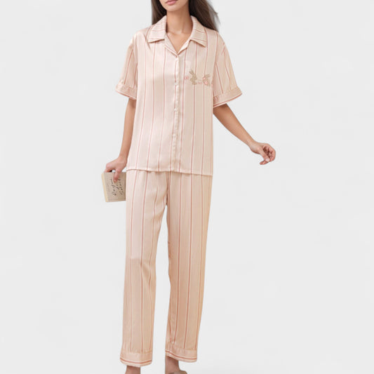 Striped Pajama Set with Embroidered Bunny Detail Short Sleeve Button-Up Top and Full-Length Pants