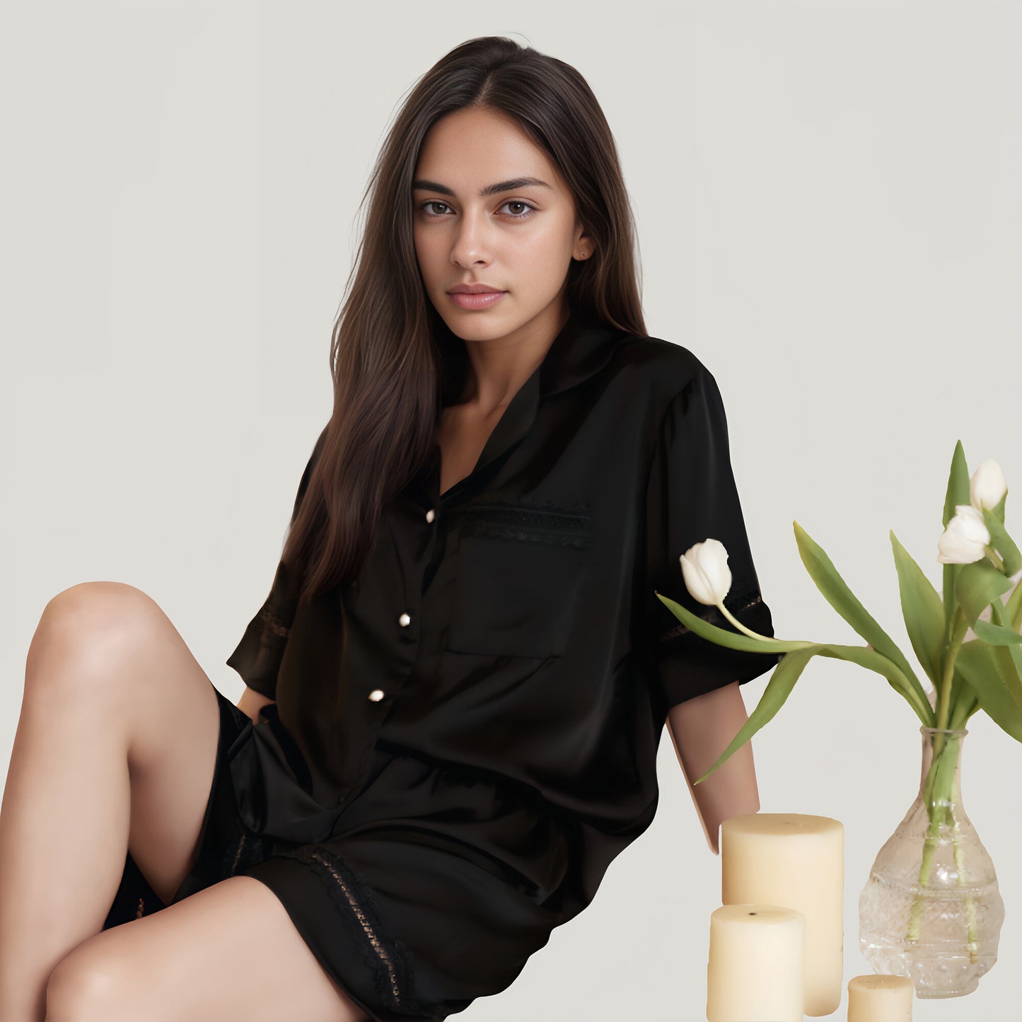 Satin Pajama Set with Lace Trim Short Sleeve Button Top and Elastic Waist Shorts