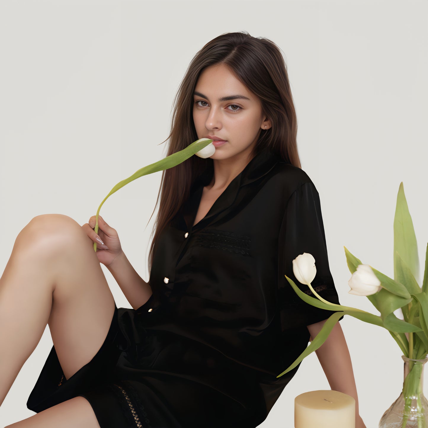 Satin Pajama Set with Lace Trim Short Sleeve Button Top and Elastic Waist Shorts