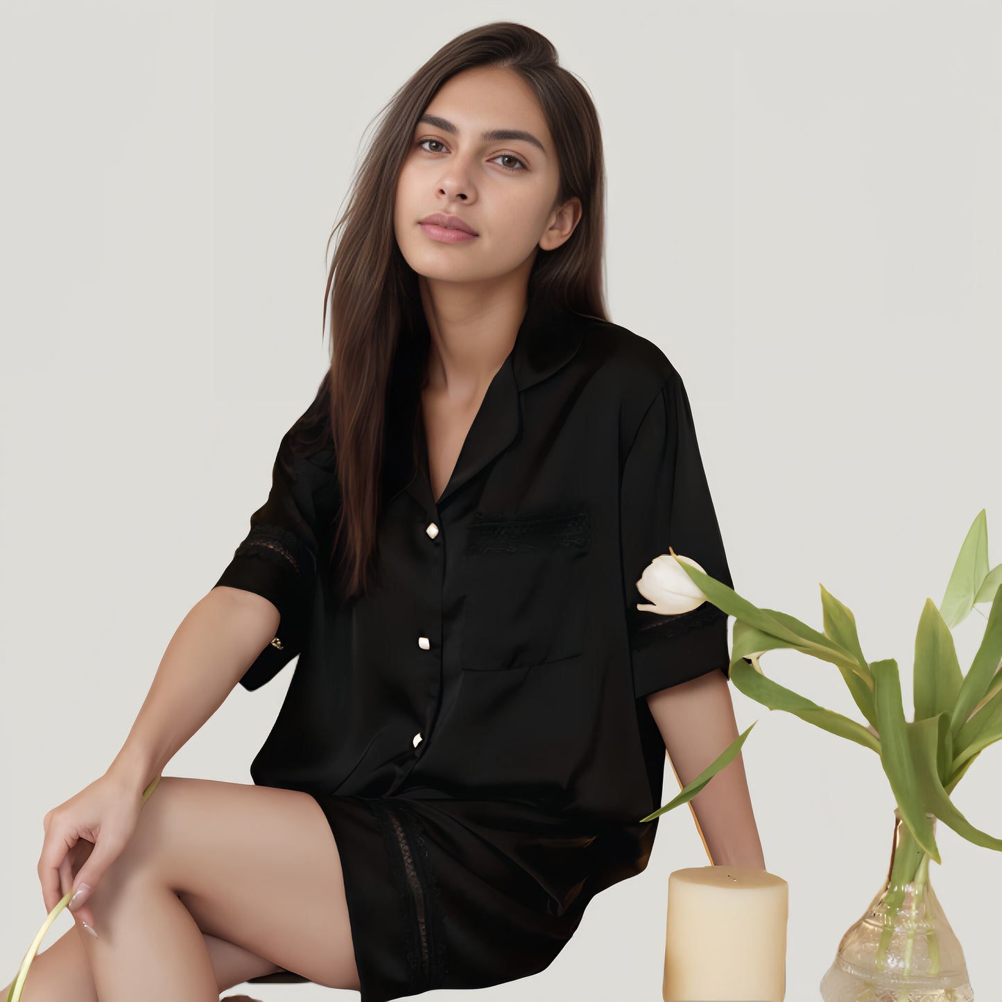 Satin Pajama Set with Lace Trim Short Sleeve Button Top and Elastic Waist Shorts