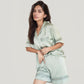 Satin Pajama Set with Lace Trim Short Sleeve Button Top and Elastic Waist Shorts
