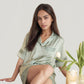 Satin Pajama Set with Lace Trim Short Sleeve Button Top and Elastic Waist Shorts