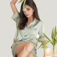 Satin Pajama Set with Lace Trim Short Sleeve Button Top and Elastic Waist Shorts