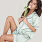 Satin Pajama Set with Lace Trim Short Sleeve Button Top and Elastic Waist Shorts