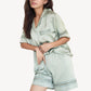 Satin Pajama Set with Lace Trim Short Sleeve Button Top and Elastic Waist Shorts
