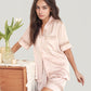 Satin Pajama Set with Lace Trim Short Sleeve Button Top and Elastic Waist Shorts