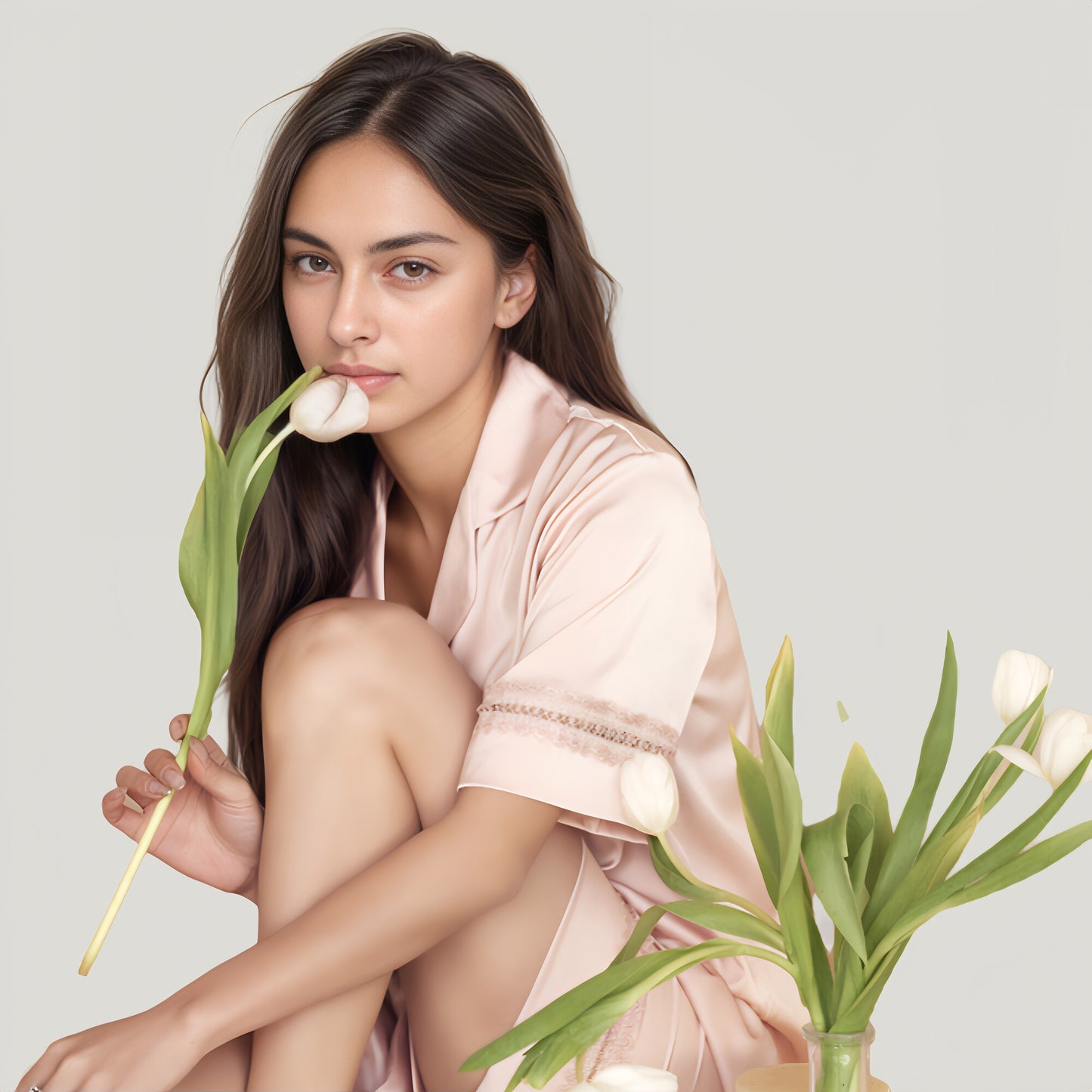 Satin Pajama Set with Lace Trim Short Sleeve Button Top and Elastic Waist Shorts