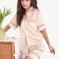Satin Pajama Set with Lace Trim Short Sleeve Button Top and Elastic Waist Shorts