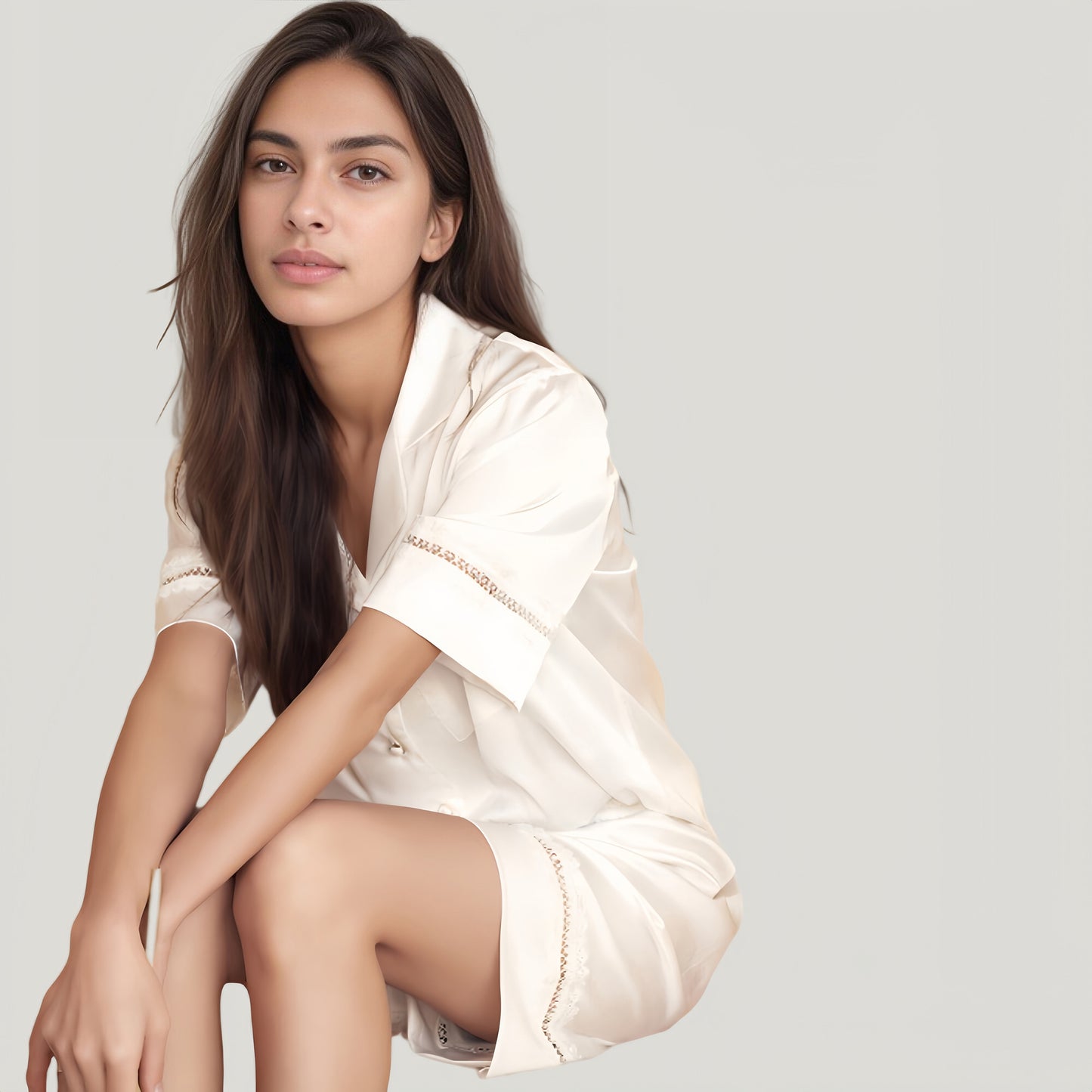 Satin Pajama Set with Lace Trim Short Sleeve Button Top and Elastic Waist Shorts