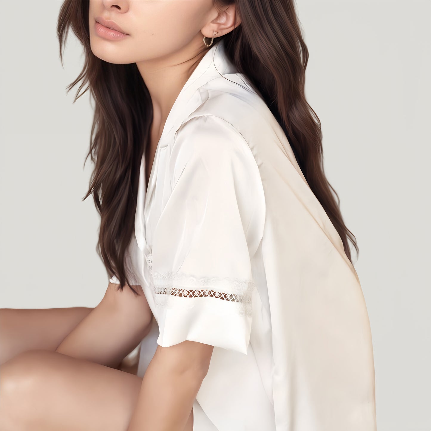 Satin Pajama Set with Lace Trim Short Sleeve Button Top and Elastic Waist Shorts