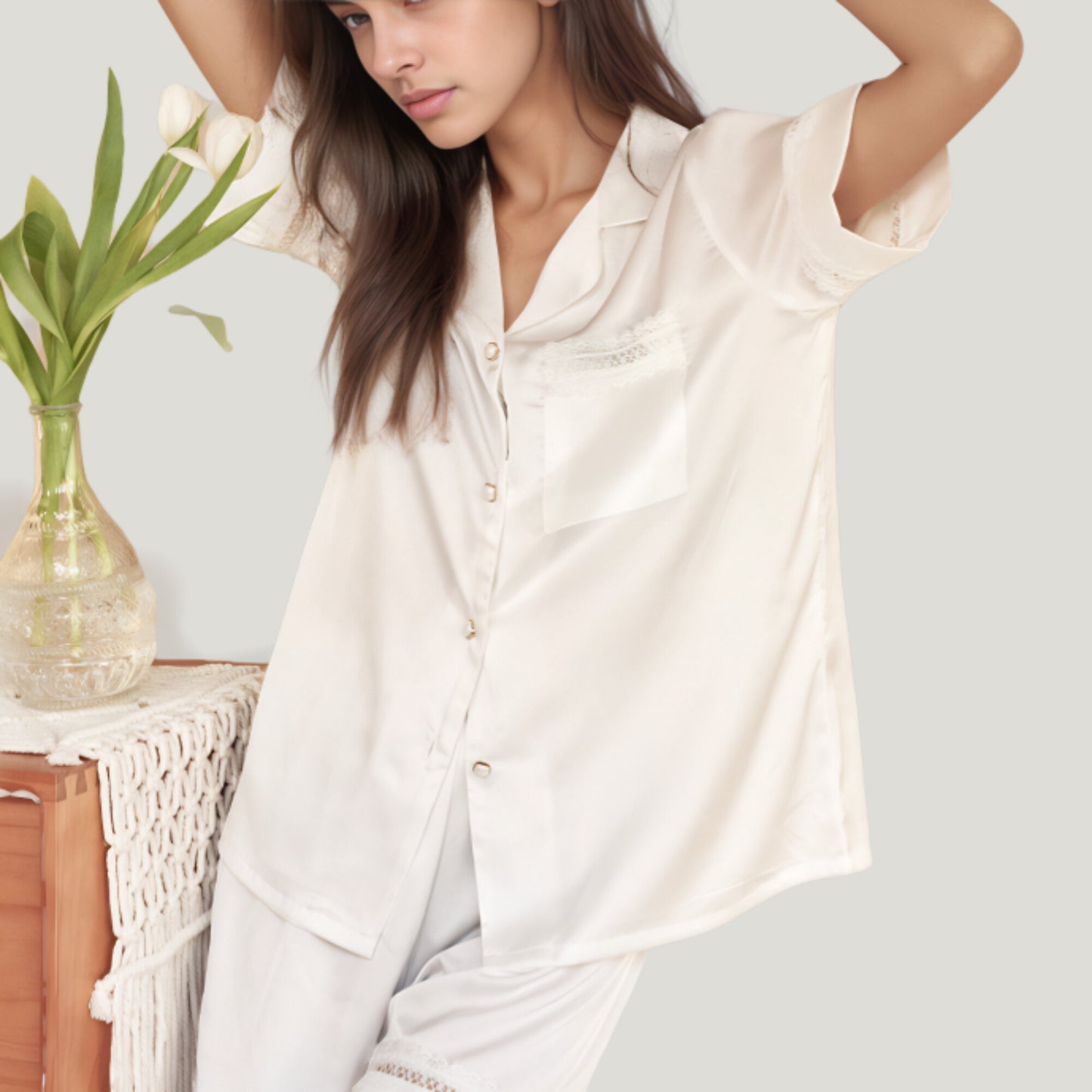 Satin Pajama Set with Lace Trim Short Sleeve Button Top and Elastic Waist Shorts