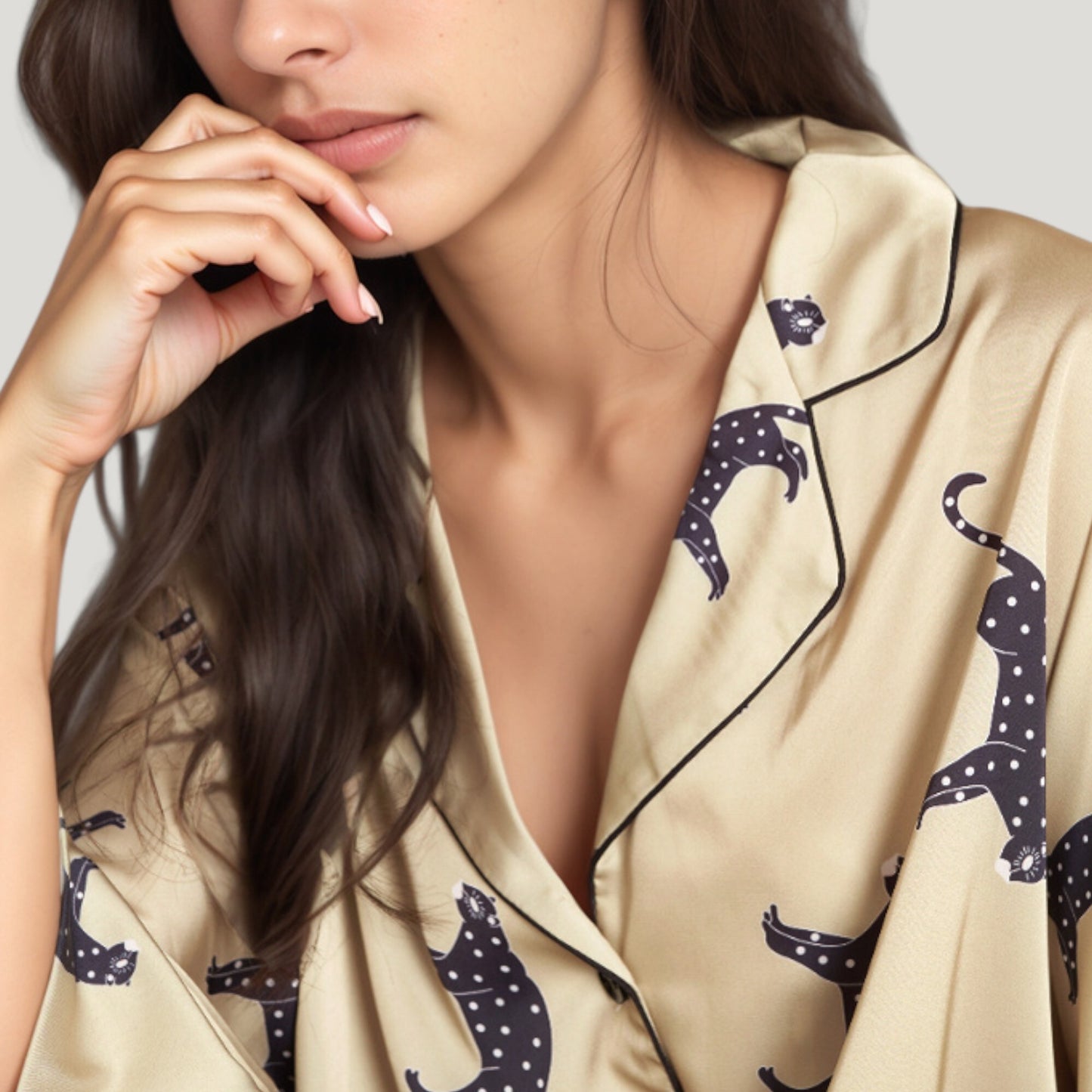 Cat Print Satin Pajama Set Long Sleeve Button-Up Top with Elastic Waist Full-Length Pants