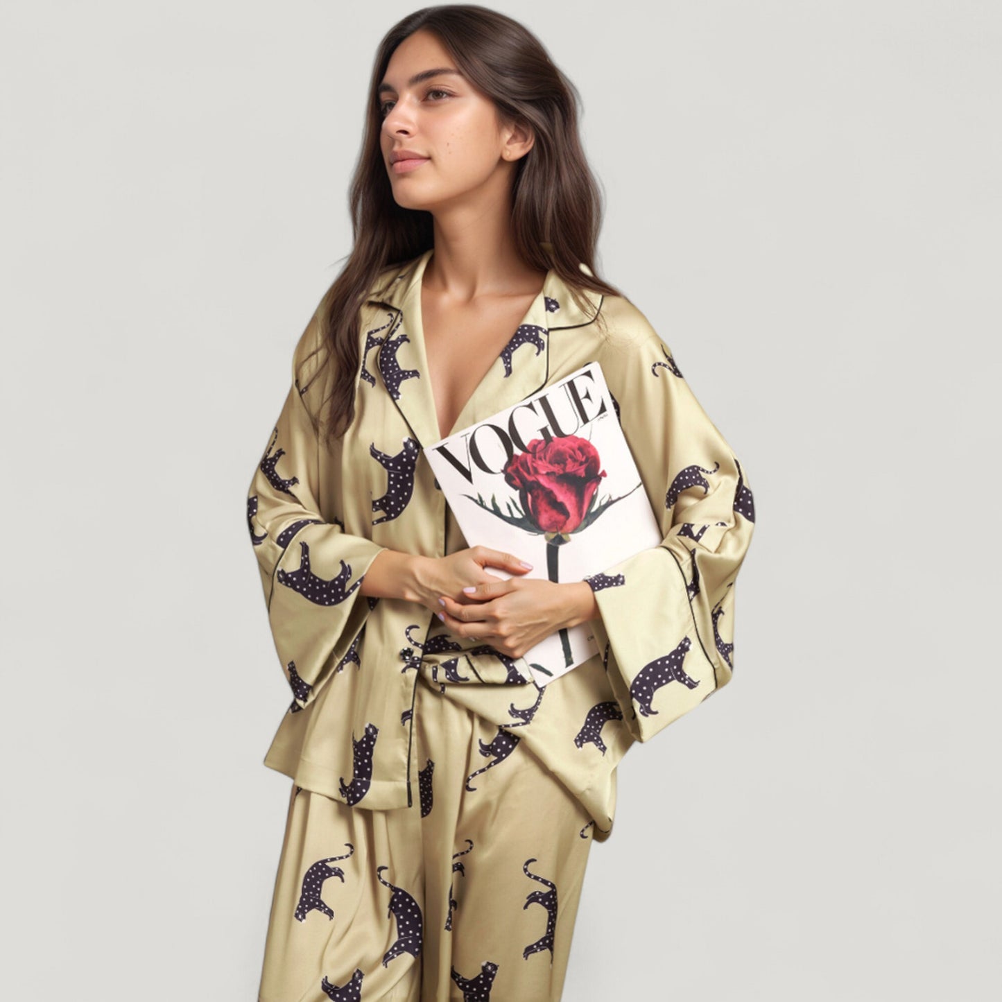 Cat Print Satin Pajama Set Long Sleeve Button-Up Top with Elastic Waist Full-Length Pants