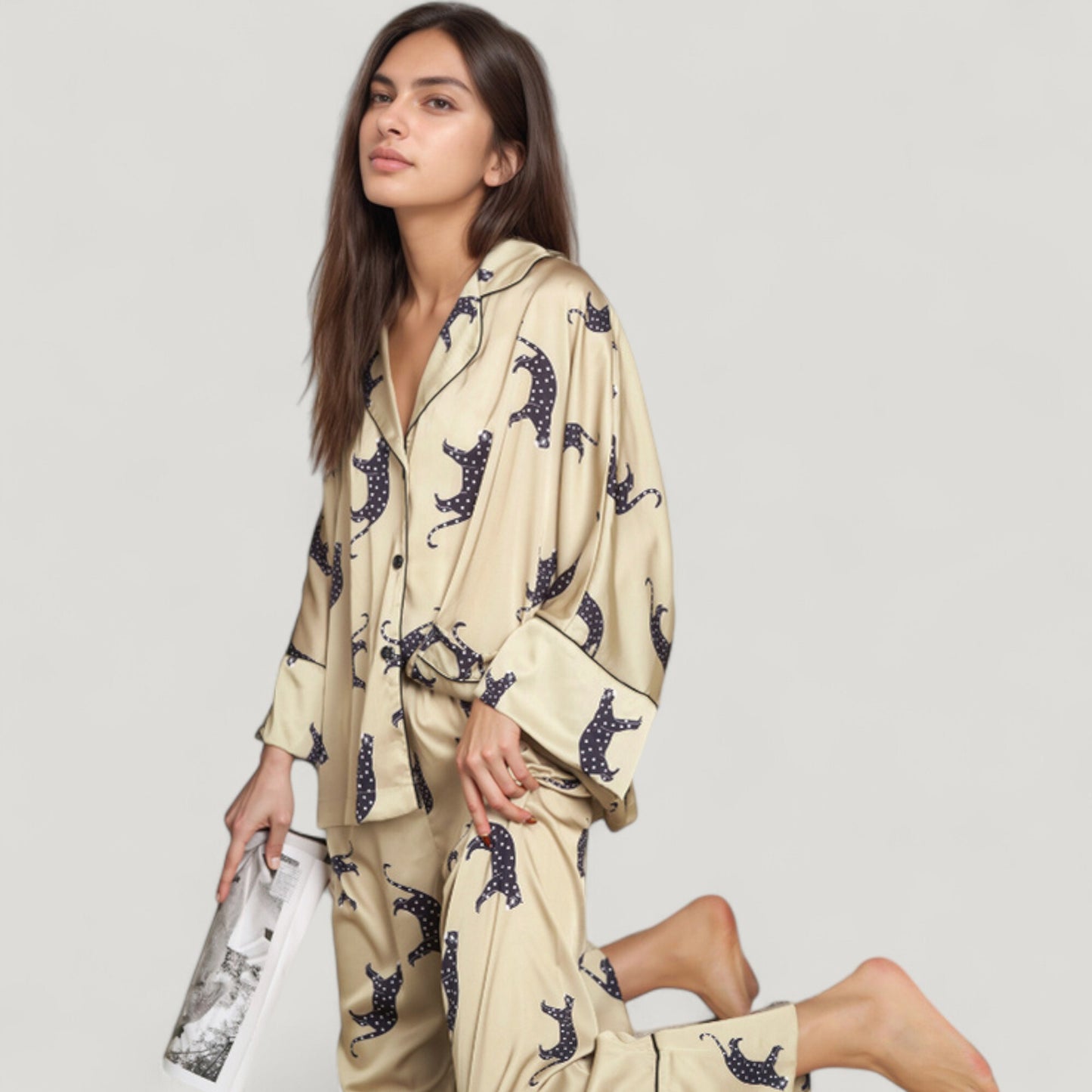 Cat Print Satin Pajama Set Long Sleeve Button-Up Top with Elastic Waist Full-Length Pants