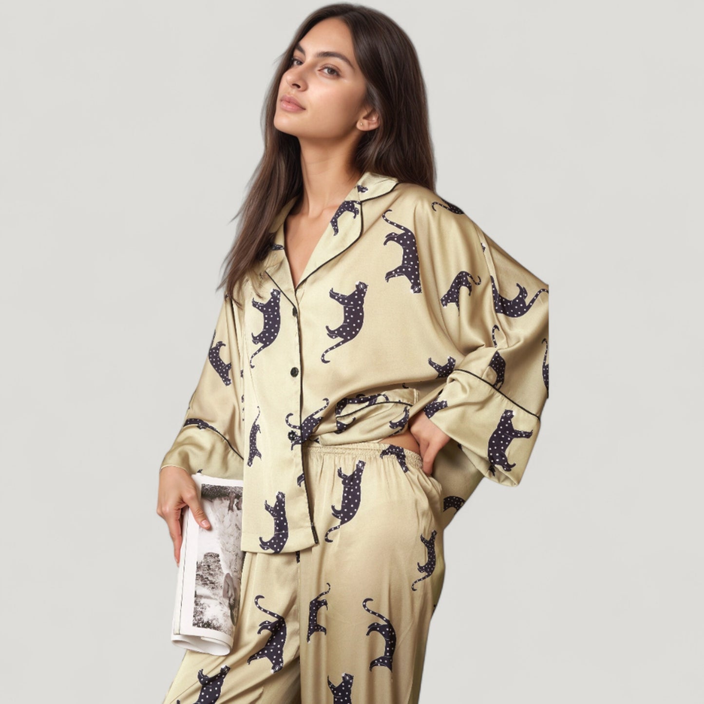 Cat Print Satin Pajama Set Long Sleeve Button-Up Top with Elastic Waist Full-Length Pants