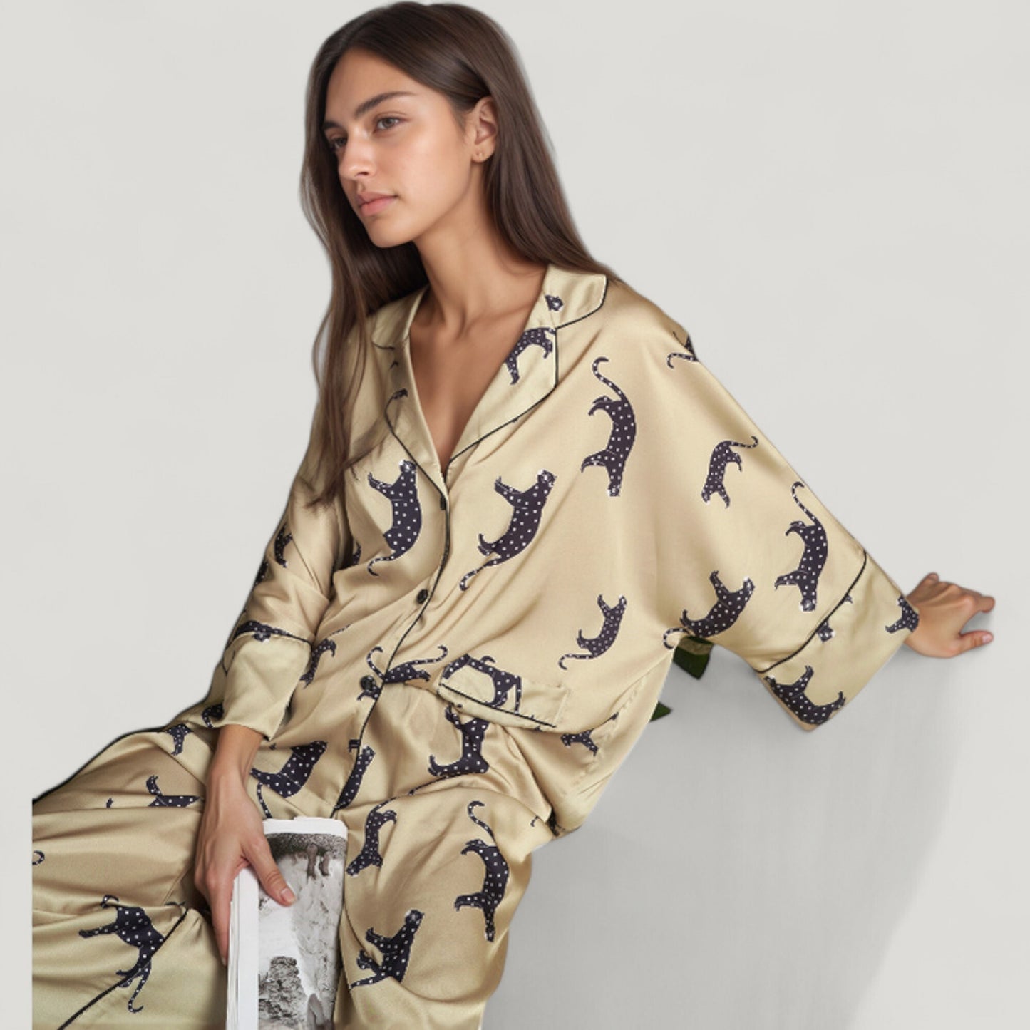 Cat Print Satin Pajama Set Long Sleeve Button-Up Top with Elastic Waist Full-Length Pants