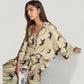 Cat Print Satin Pajama Set Long Sleeve Button-Up Top with Elastic Waist Full-Length Pants