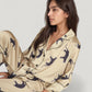 Cat Print Satin Pajama Set Long Sleeve Button-Up Top with Elastic Waist Full-Length Pants