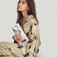 Cat Print Satin Pajama Set Long Sleeve Button-Up Top with Elastic Waist Full-Length Pants