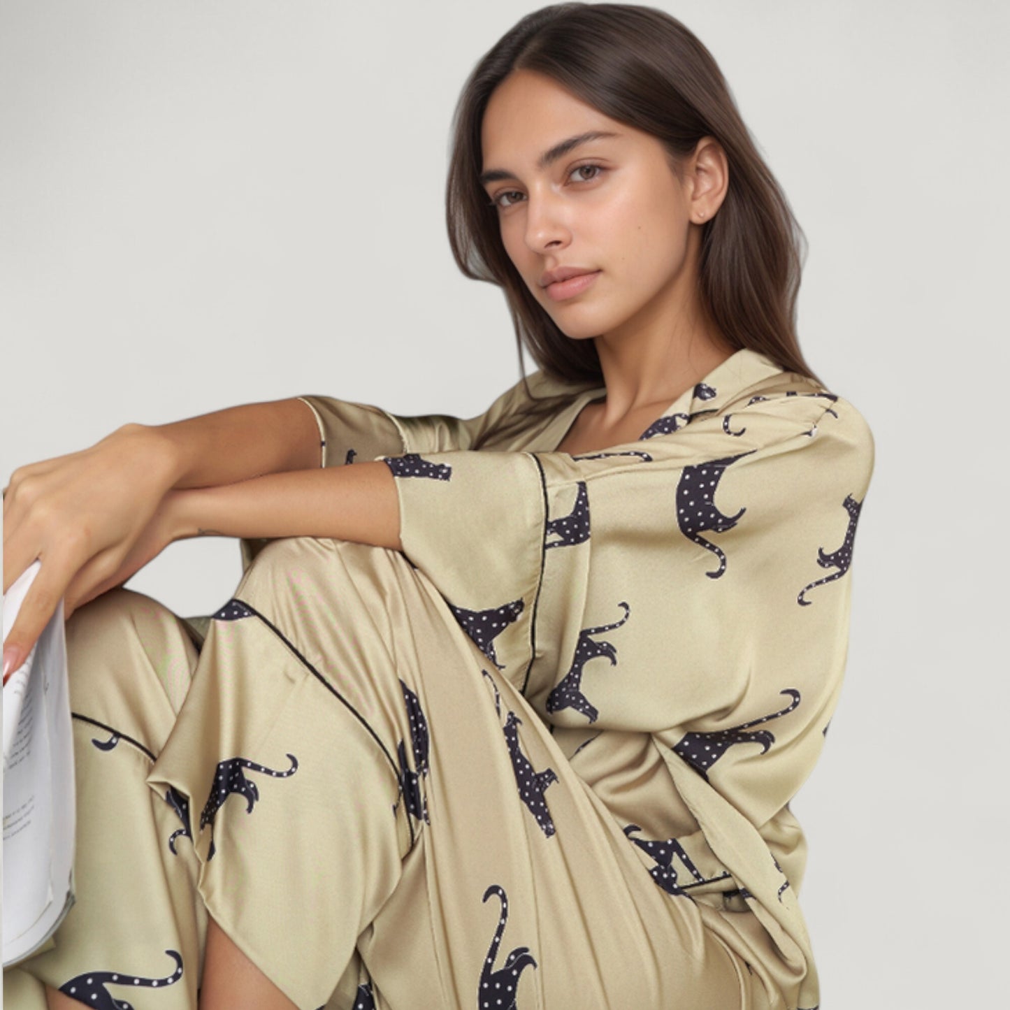 Cat Print Satin Pajama Set Long Sleeve Button-Up Top with Elastic Waist Full-Length Pants