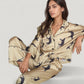 Cat Print Satin Pajama Set Long Sleeve Button-Up Top with Elastic Waist Full-Length Pants
