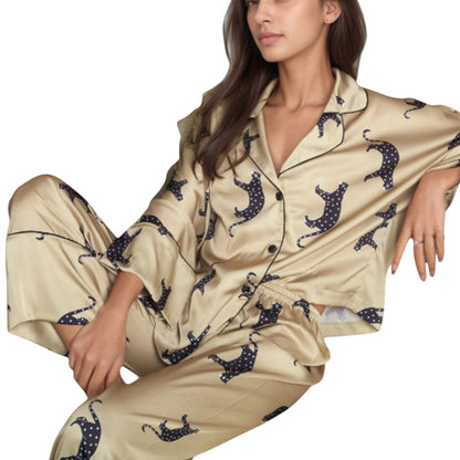 Cat Print Satin Pajama Set Long Sleeve Button-Up Top with Elastic Waist Full-Length Pants