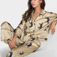 Cat Print Satin Pajama Set Long Sleeve Button-Up Top with Elastic Waist Full-Length Pants
