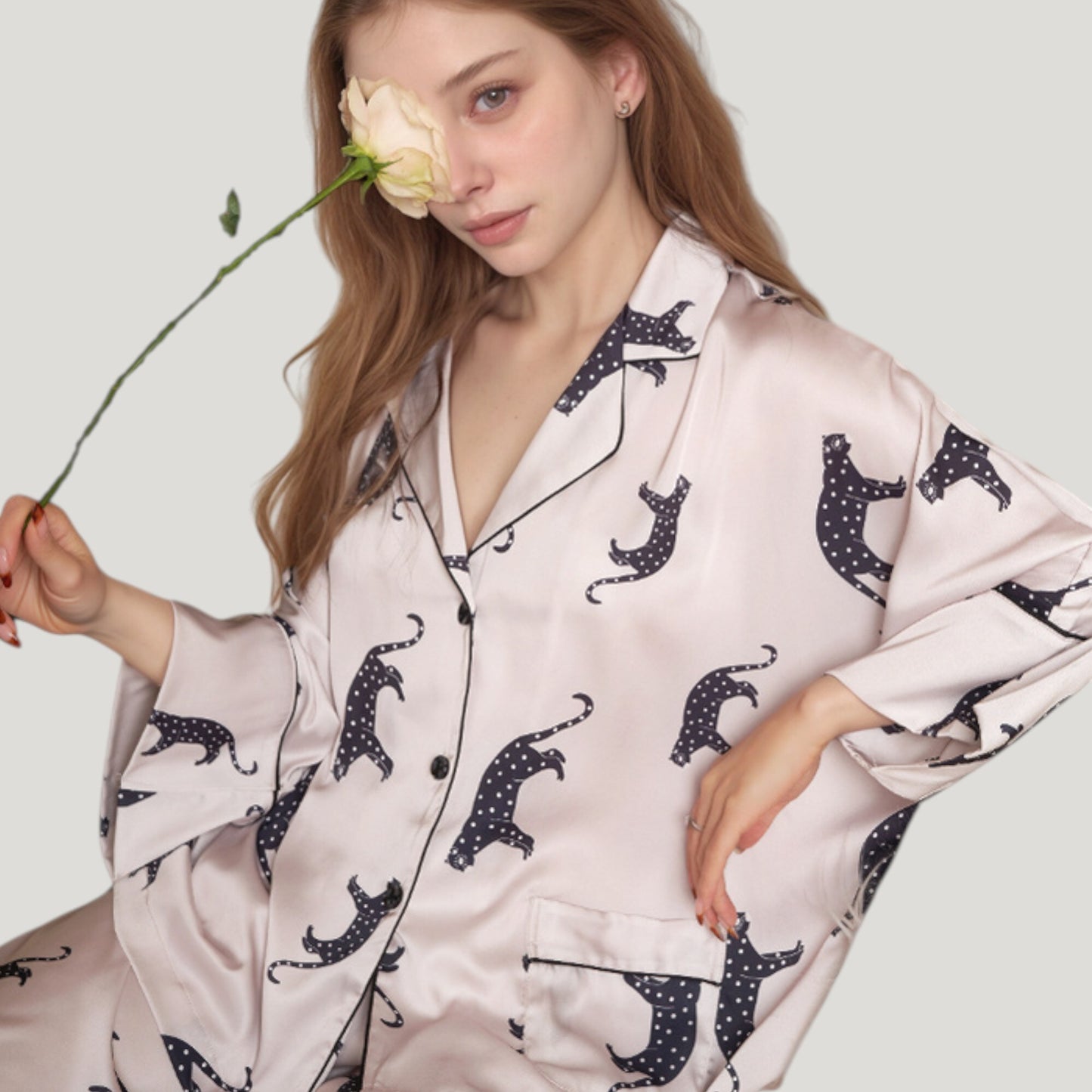Cat Print Satin Pajama Set Long Sleeve Button-Up Top with Elastic Waist Full-Length Pants