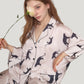 Cat Print Satin Pajama Set Long Sleeve Button-Up Top with Elastic Waist Full-Length Pants