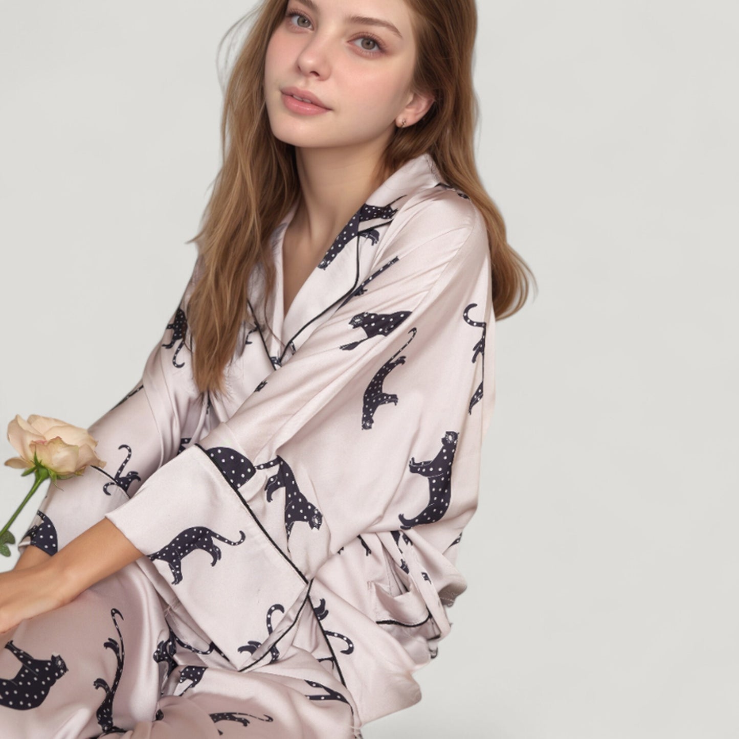Cat Print Satin Pajama Set Long Sleeve Button-Up Top with Elastic Waist Full-Length Pants