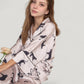 Cat Print Satin Pajama Set Long Sleeve Button-Up Top with Elastic Waist Full-Length Pants