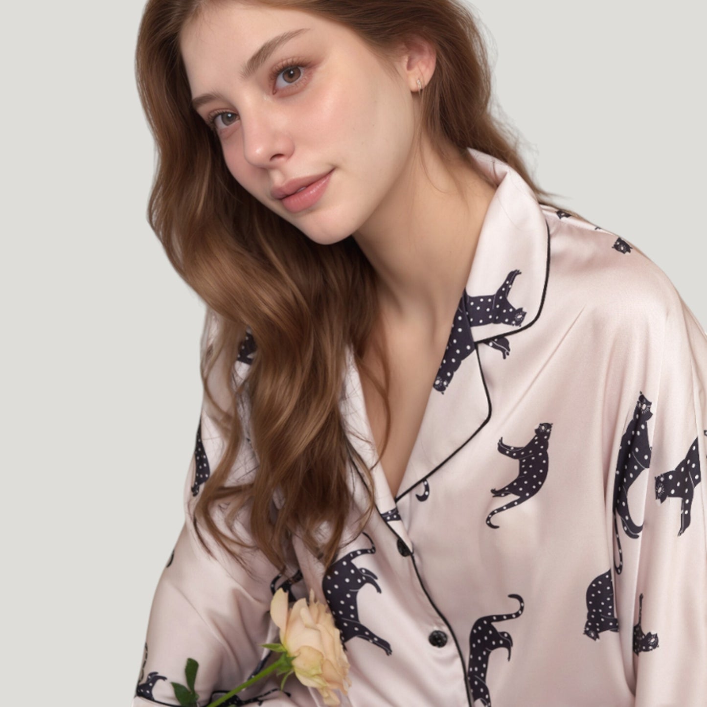 Cat Print Satin Pajama Set Long Sleeve Button-Up Top with Elastic Waist Full-Length Pants